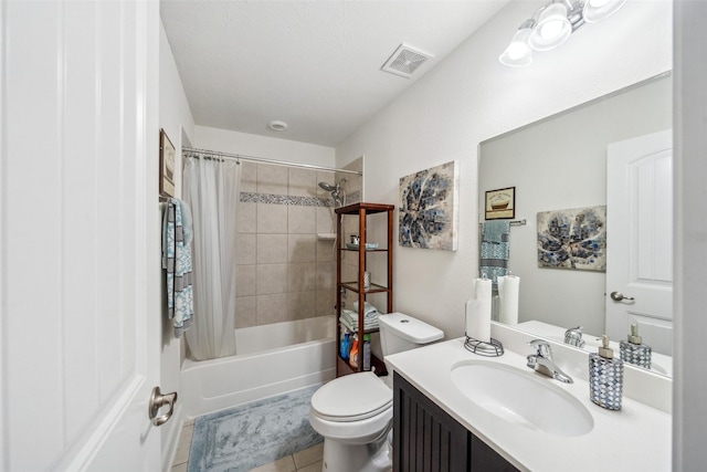 bathroom with tile patterned flooring, toilet, vanity, visible vents, and shower / bathtub combination with curtain