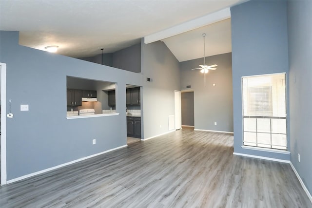 unfurnished living room featuring visible vents, ceiling fan, wood finished floors, high vaulted ceiling, and baseboards