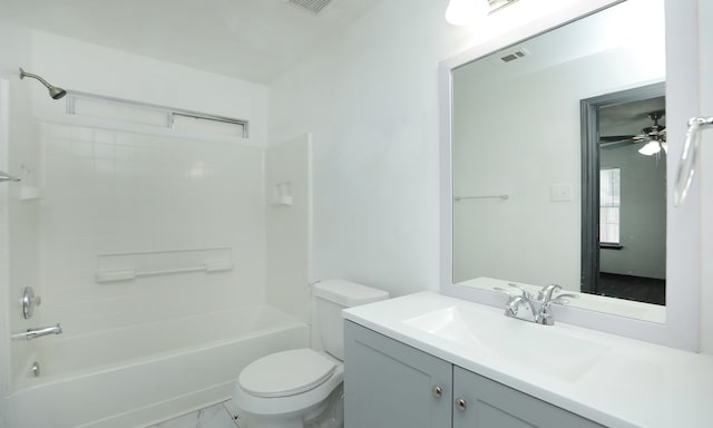 full bathroom featuring shower / washtub combination, marble finish floor, visible vents, toilet, and vanity