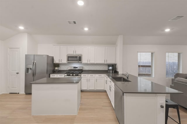 kitchen with stainless steel appliances, a sink, visible vents, white cabinetry, and dark countertops