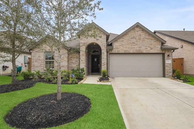 view of front of property featuring brick siding, roof with shingles, concrete driveway, a garage, and a front lawn