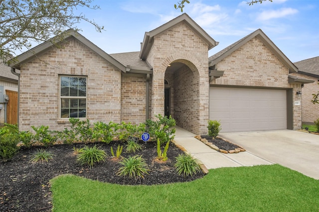 view of front of house featuring a garage, driveway, brick siding, and a shingled roof