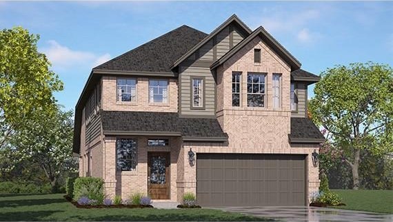 craftsman house featuring a garage, brick siding, concrete driveway, roof with shingles, and a front yard