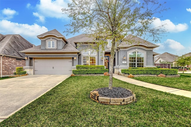 french country inspired facade featuring an attached garage, driveway, a front yard, and stucco siding