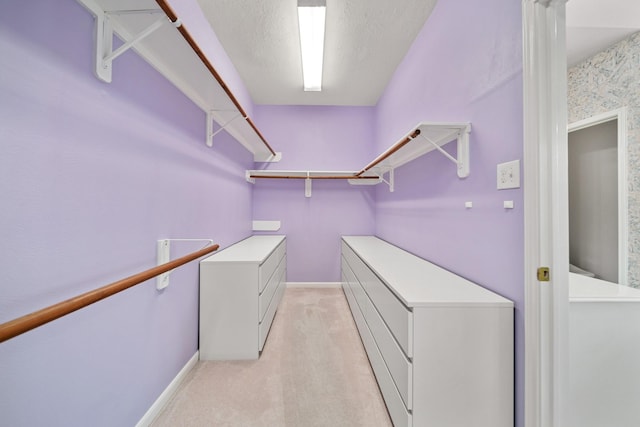 spacious closet featuring light carpet