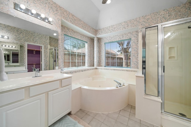 full bath with a stall shower, tile patterned floors, vanity, and wallpapered walls