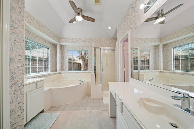 full bathroom with wallpapered walls, a stall shower, lofted ceiling, tile patterned floors, and a garden tub