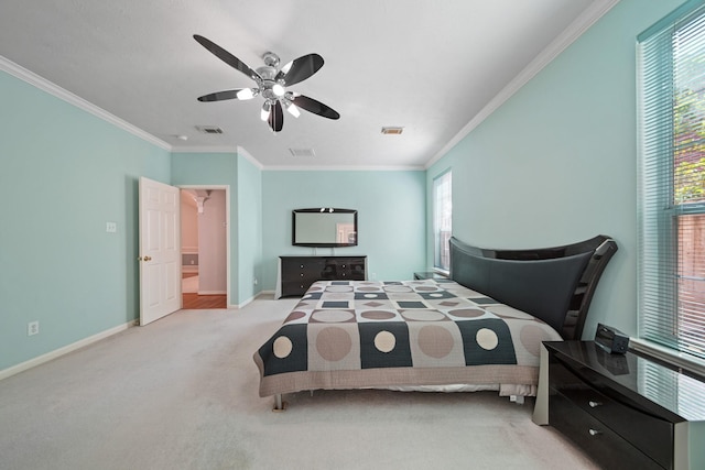 bedroom featuring ornamental molding, visible vents, light carpet, and baseboards