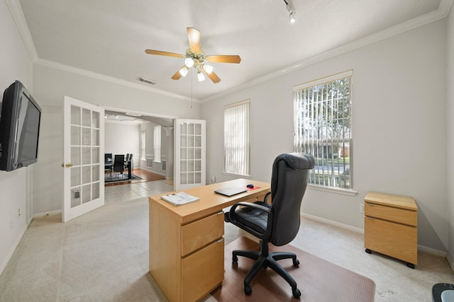 16942 Laguna Springs Dr, Houston, TX 77095 - office space featuring french doors, a ceiling fan, light carpet, baseboards, and crown molding