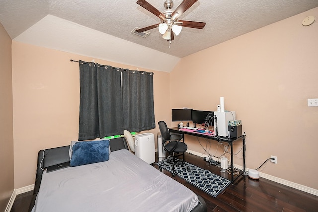 bedroom featuring lofted ceiling, visible vents, baseboards, and dark wood-style flooring