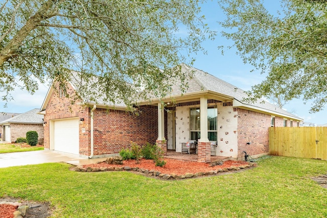 ranch-style house featuring an attached garage, brick siding, fence, and a front yard