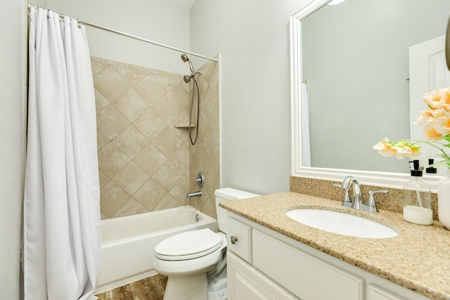 full bath with shower / bath combination with curtain, vanity, toilet, and wood finished floors