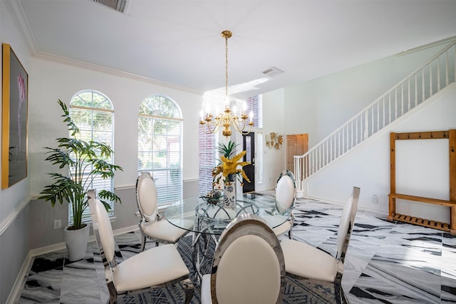 dining room featuring baseboards, visible vents, stairway, crown molding, and a notable chandelier