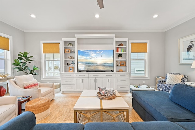 living room featuring crown molding, recessed lighting, and a healthy amount of sunlight