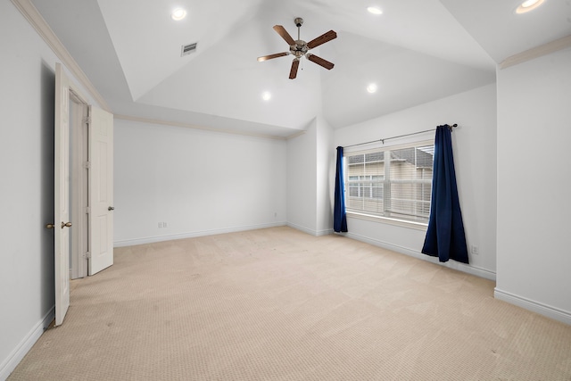 carpeted spare room featuring visible vents, baseboards, ceiling fan, recessed lighting, and high vaulted ceiling