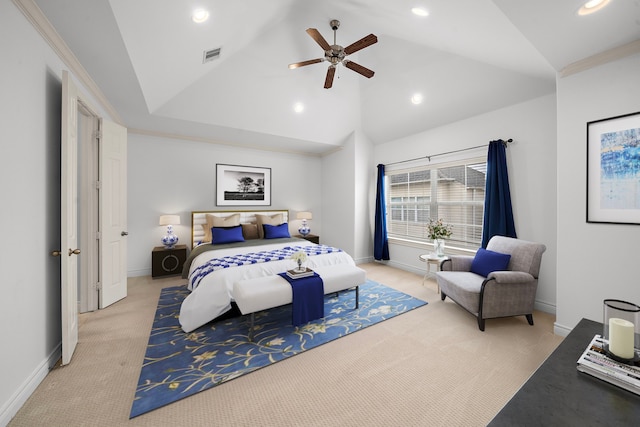 bedroom featuring visible vents, baseboards, light colored carpet, recessed lighting, and a ceiling fan