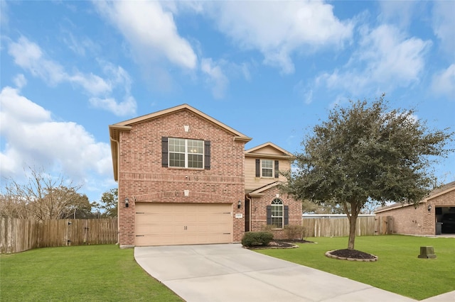 traditional home with fence, a front lawn, concrete driveway, and brick siding