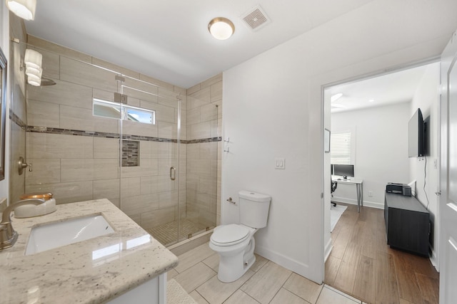 full bathroom with visible vents, baseboards, toilet, vanity, and a shower stall