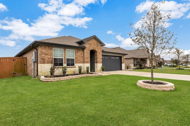 ranch-style house with an attached garage, brick siding, driveway, and a front lawn