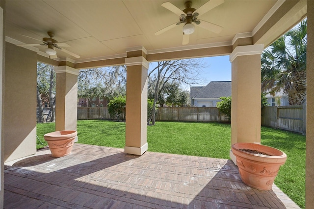 view of patio with ceiling fan and a fenced backyard