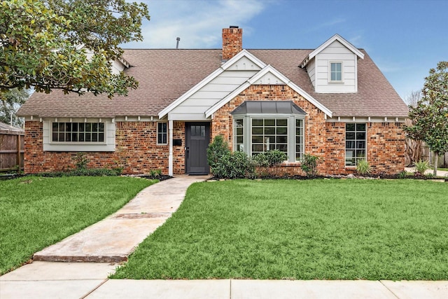 view of front facade featuring roof with shingles, brick siding, a chimney, and a front yard