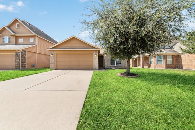 ranch-style house featuring a garage, brick siding, driveway, and a front lawn