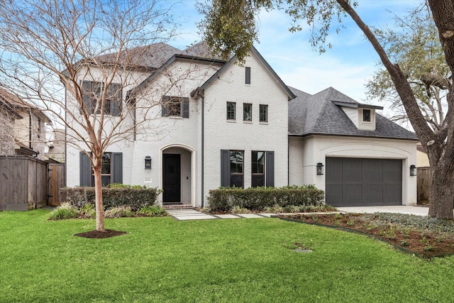 french country style house with brick siding, a shingled roof, an attached garage, fence, and a front lawn