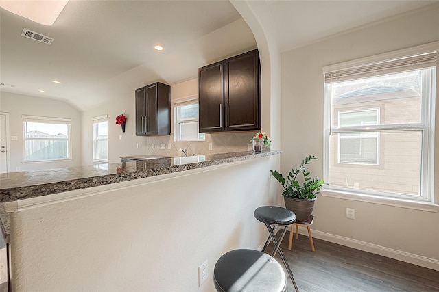 kitchen featuring visible vents, tasteful backsplash, wood finished floors, dark brown cabinetry, and baseboards