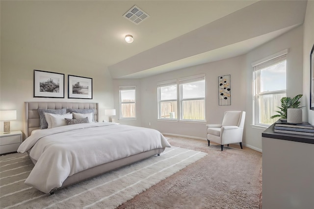 bedroom featuring visible vents, multiple windows, baseboards, and carpet floors