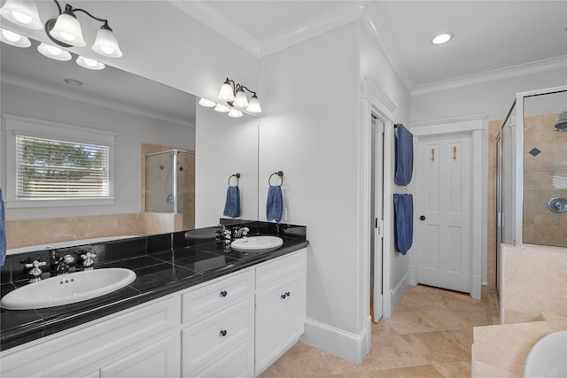 full bathroom featuring double vanity, crown molding, a sink, and a shower stall