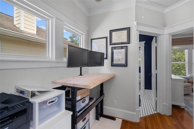 office space with attic access, plenty of natural light, ornamental molding, and wood finished floors