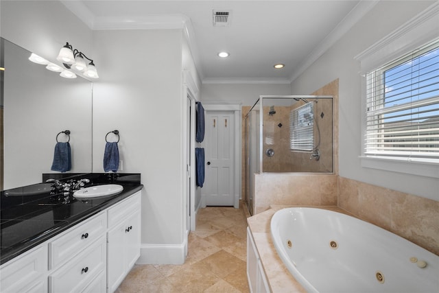 full bathroom with vanity, visible vents, a shower stall, a whirlpool tub, and crown molding