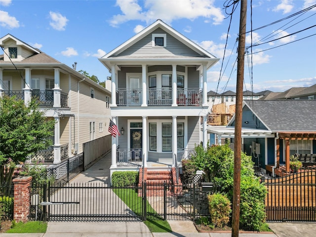 view of front of property with driveway, a balcony, a fenced front yard, covered porch, and a gate