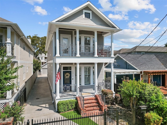 view of front facade with a porch, a fenced front yard, and a balcony