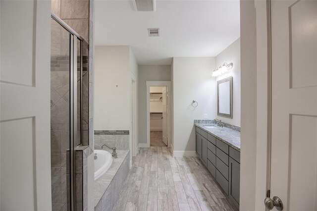 bathroom with visible vents, a garden tub, a spacious closet, and vanity