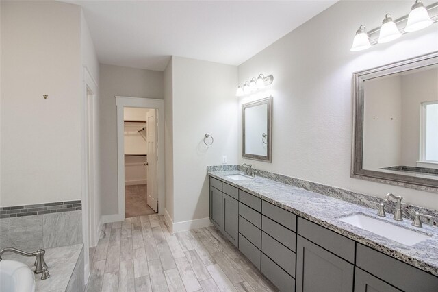 bathroom with double vanity, a spacious closet, a sink, and wood finished floors