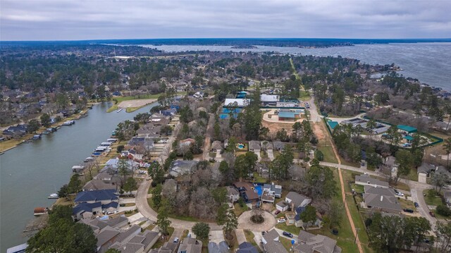 aerial view featuring a water view and a residential view