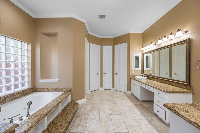 full bath featuring vanity, visible vents, a closet, a bath, and crown molding