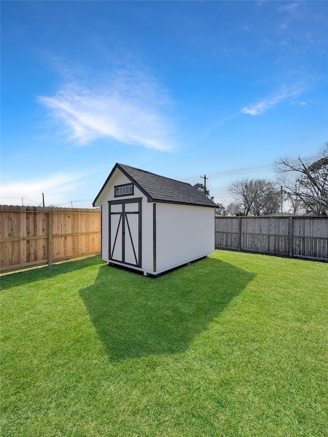 view of shed with a fenced backyard