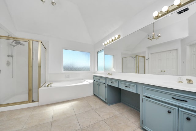 full bath with double vanity, lofted ceiling, a sink, a shower stall, and a bath