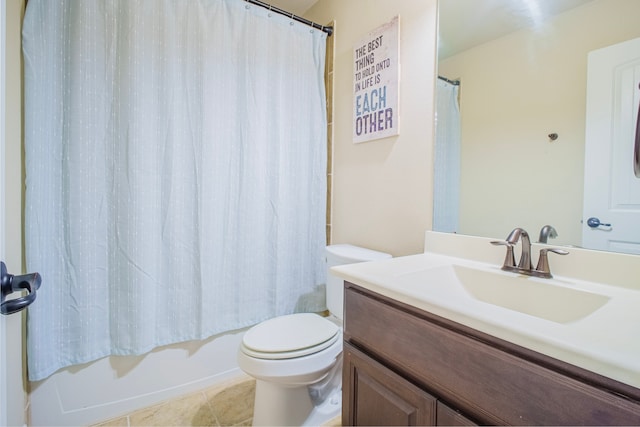 full bathroom featuring shower / tub combo with curtain, vanity, toilet, and tile patterned floors