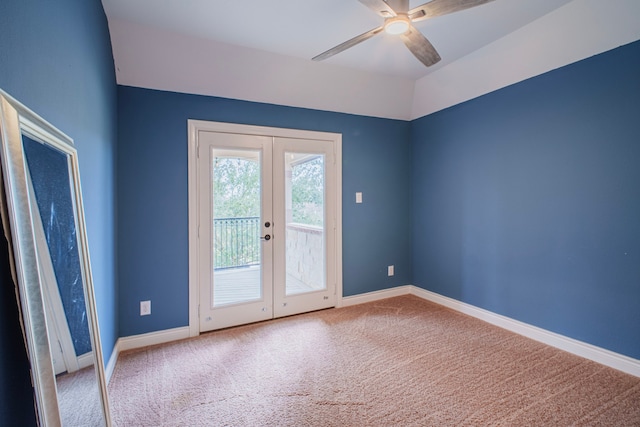 doorway to outside with carpet floors, baseboards, a ceiling fan, and french doors