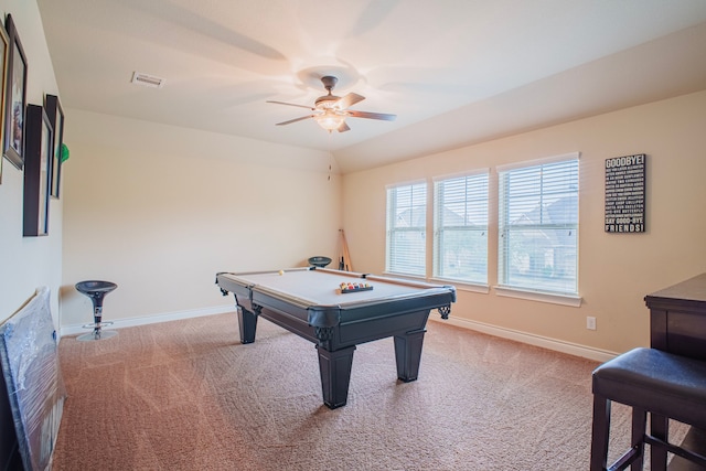 playroom featuring baseboards, pool table, visible vents, and light colored carpet