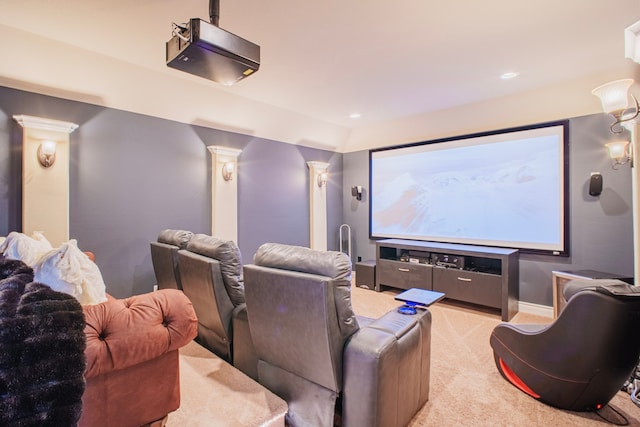 home theater room featuring recessed lighting, light carpet, and decorative columns