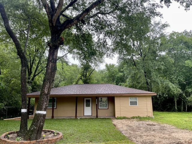 single story home featuring a front lawn and roof with shingles