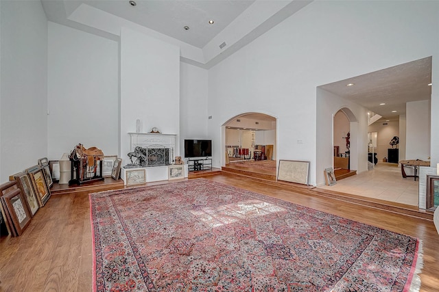 living area with light wood-style floors, a high ceiling, and arched walkways