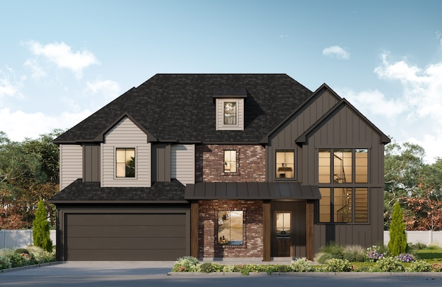 view of front of property featuring brick siding, a shingled roof, concrete driveway, an attached garage, and board and batten siding