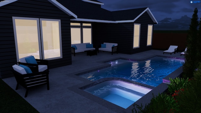 pool at dusk with a patio area, an outdoor living space, an outdoor pool, and an in ground hot tub