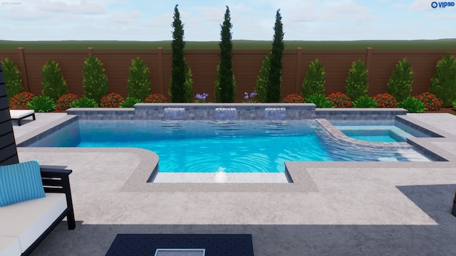 outdoor pool with a fenced backyard and an in ground hot tub