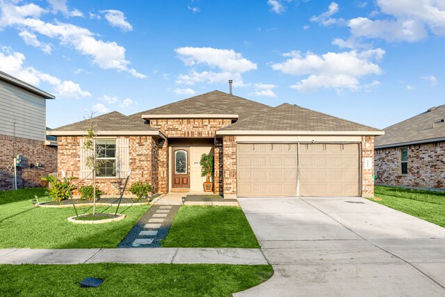 ranch-style home featuring brick siding, concrete driveway, and a front yard